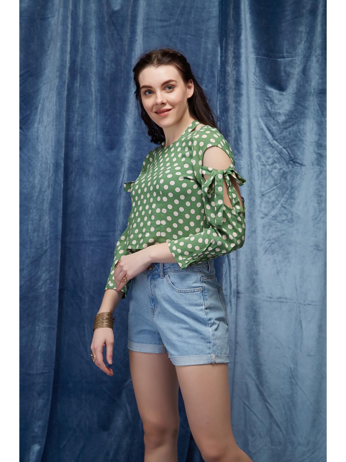 Green Polkadots Tie Sleeve Keyhole Top 